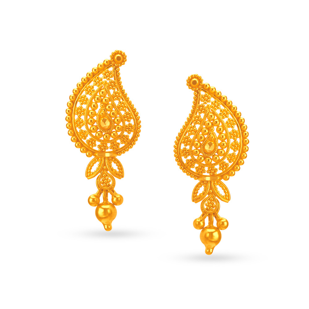Alluring Mango Shape Rawa Work Drop Earrings
Alluring Mango Shape Rawa Work Drop Earrings
