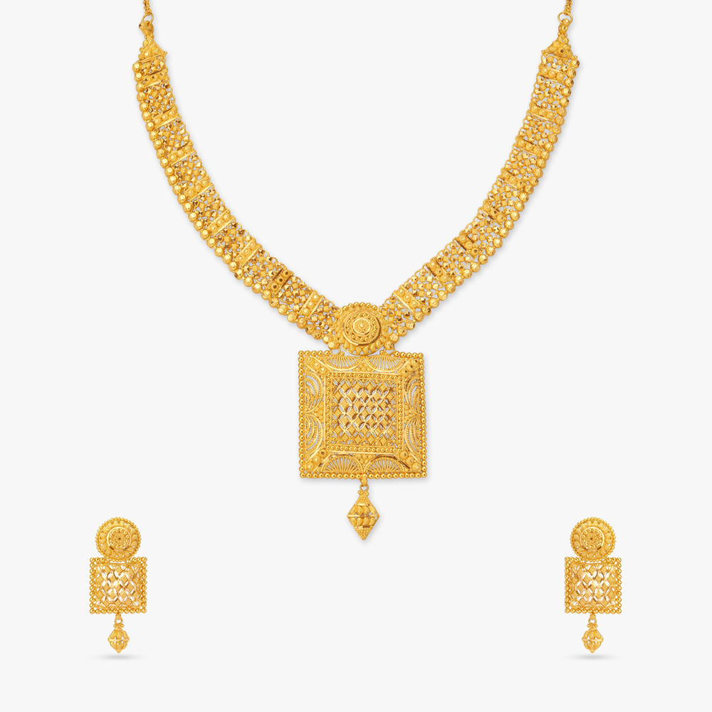 Dazzling 22 Karat Yellow Gold Beaded Frame Necklace And Earrings Set
Dazzling 22 Karat Yellow Gold Beaded Frame Necklace And Earrings Set