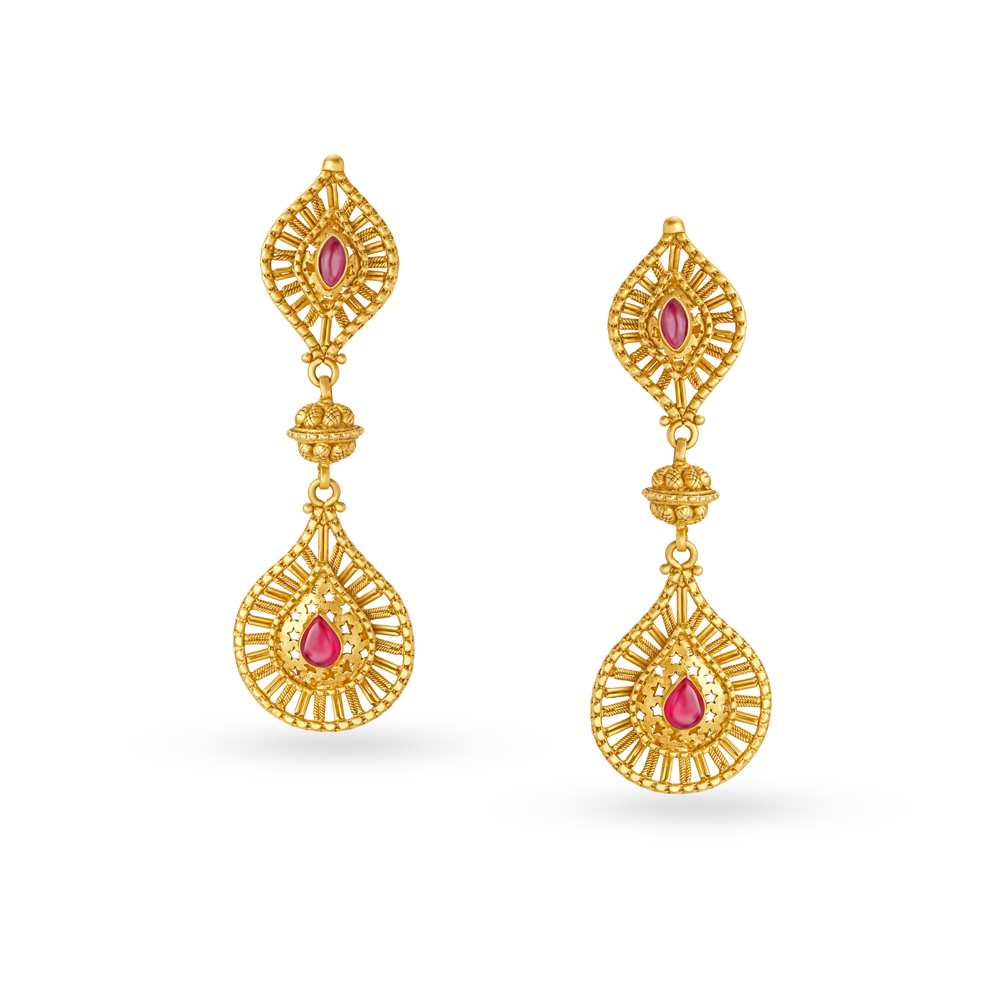 Two Tiered Carved Gold Drop Earrings
Two Tiered Carved Gold Drop Earrings
