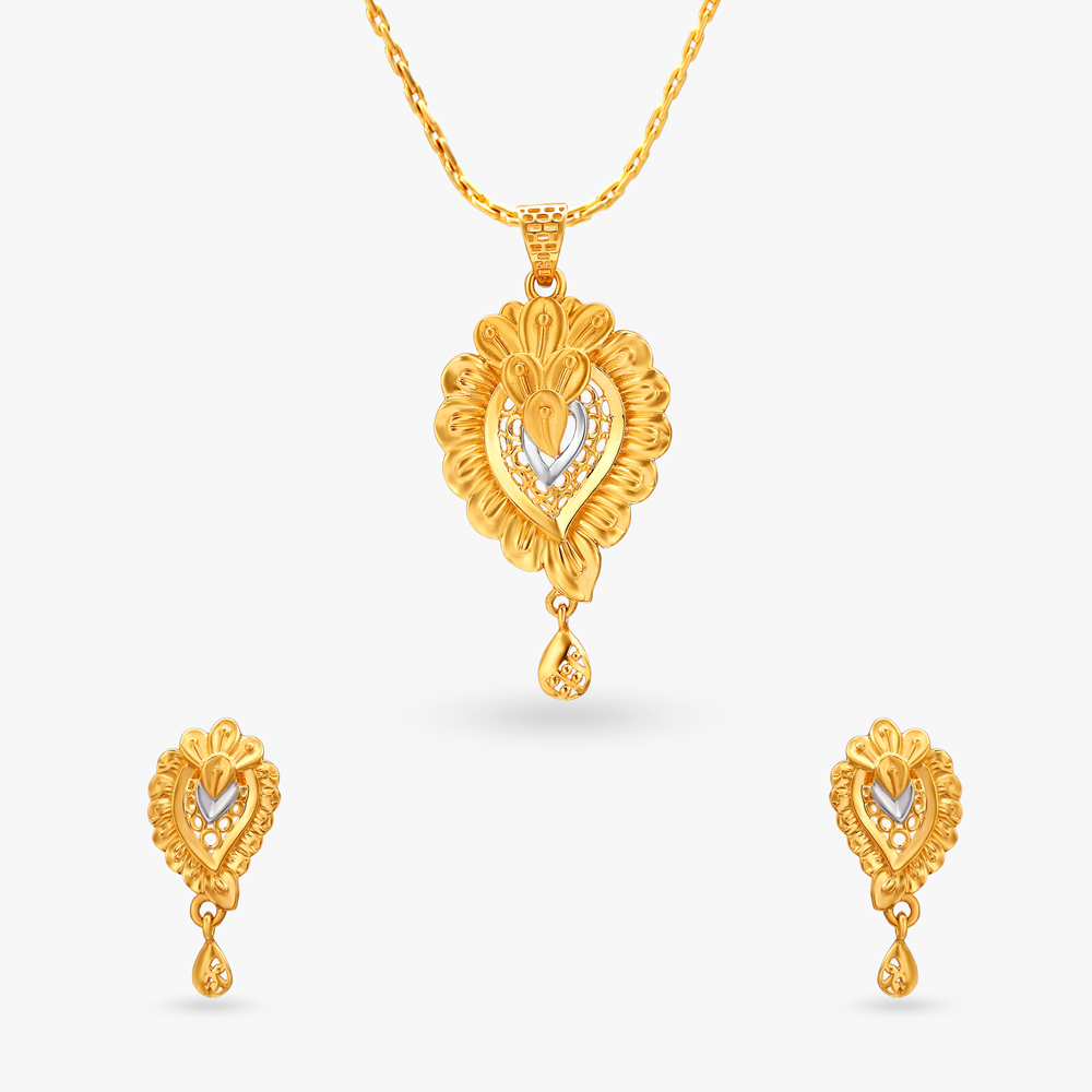 Radiant Stamped Floral Gold Pendant and Earrings Set
Radiant Stamped Floral Gold Pendant and Earrings Set