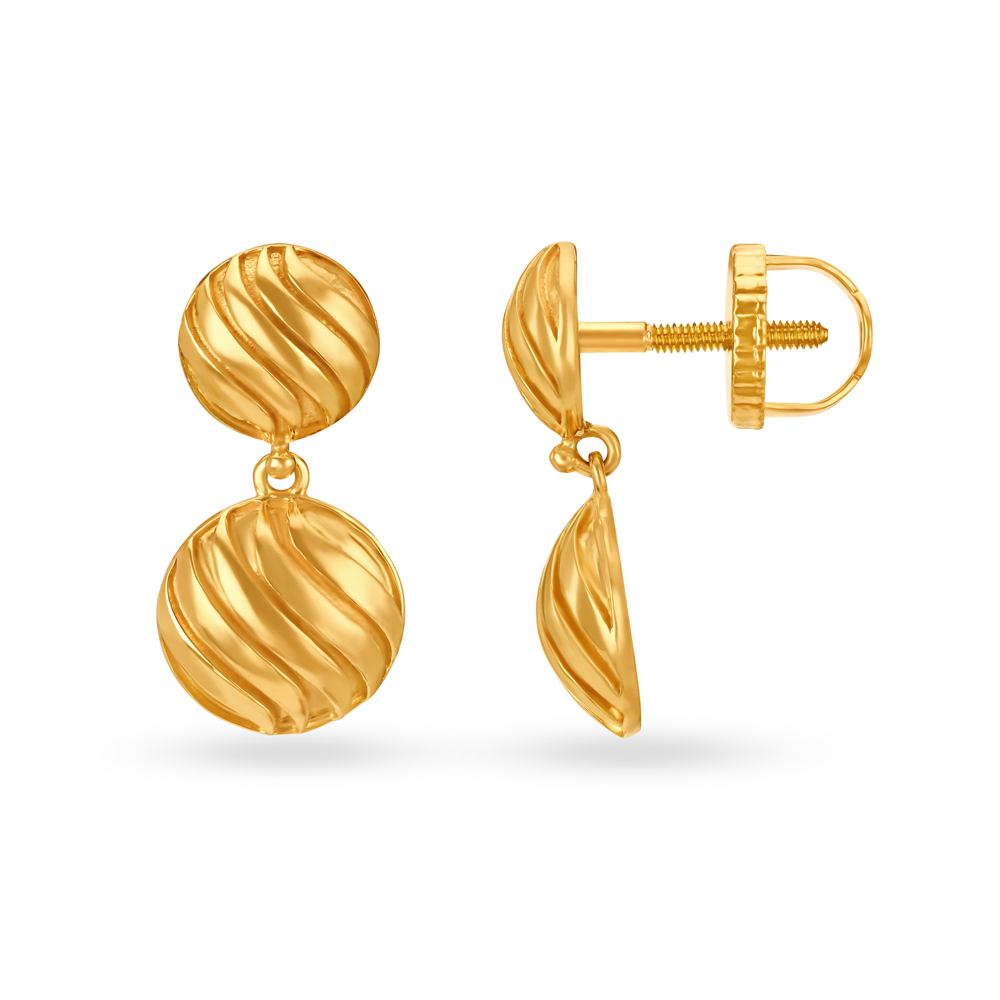Endearing 22 Karat Yellow Gold Striped Circular Drop Earrings
Endearing 22 Karat Yellow Gold Striped Circular Drop Earrings