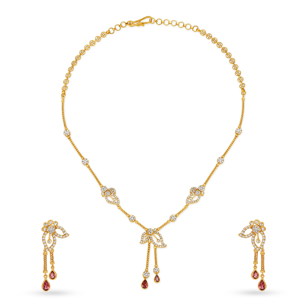 

Striking Leaf Motif Gold Necklace Set Studded With Tourmaline