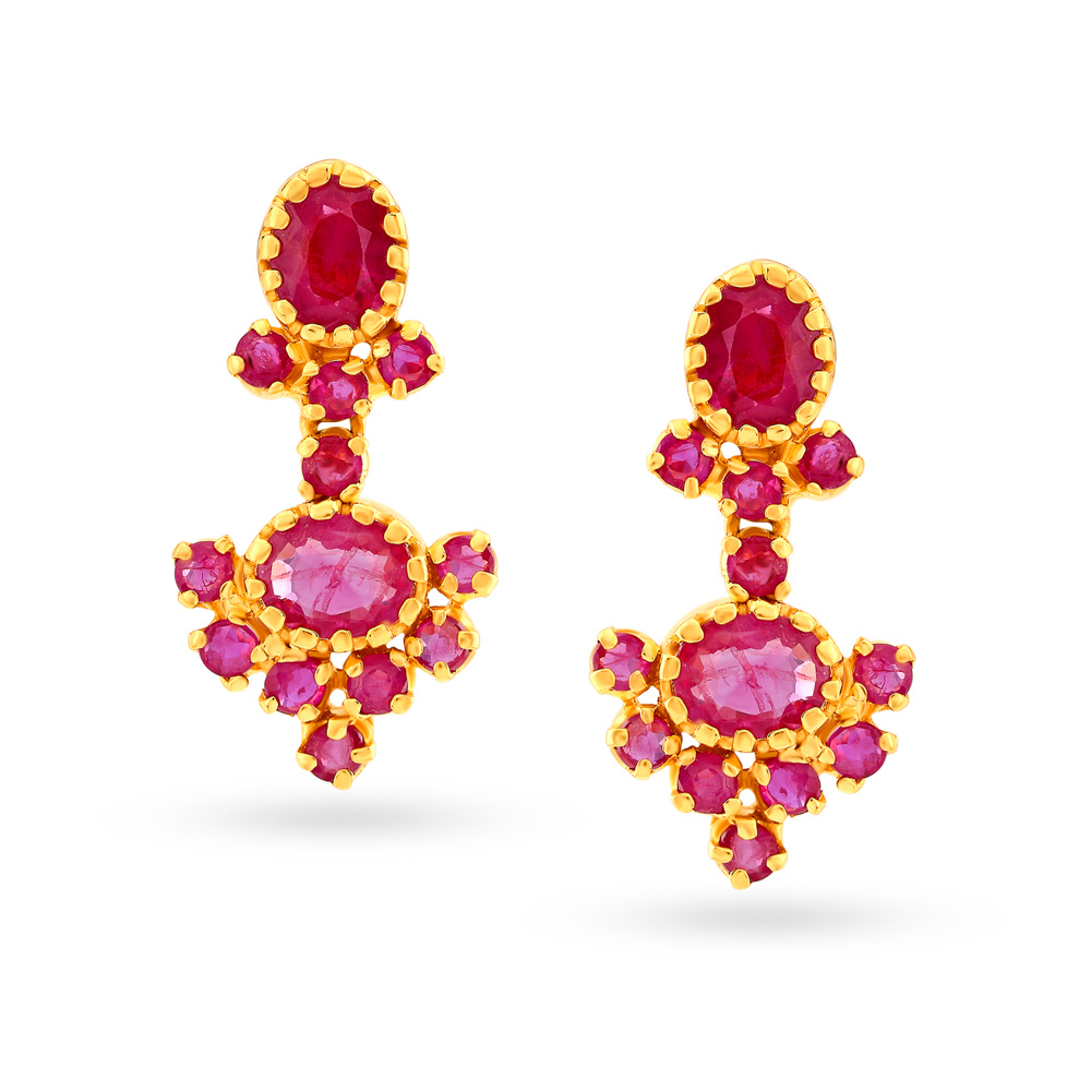 Entrancing 22 Karat Gold And Ruby Cross Drop Earrings