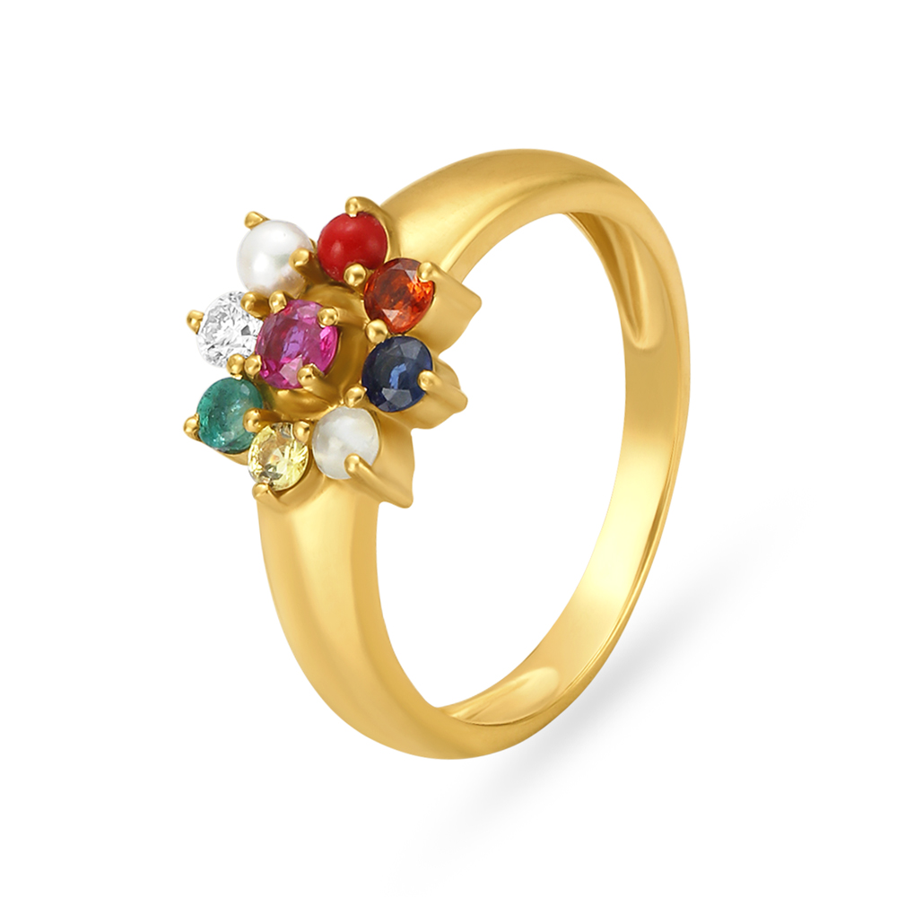 Vibrant Floral Gold Finger Ring with precious stones