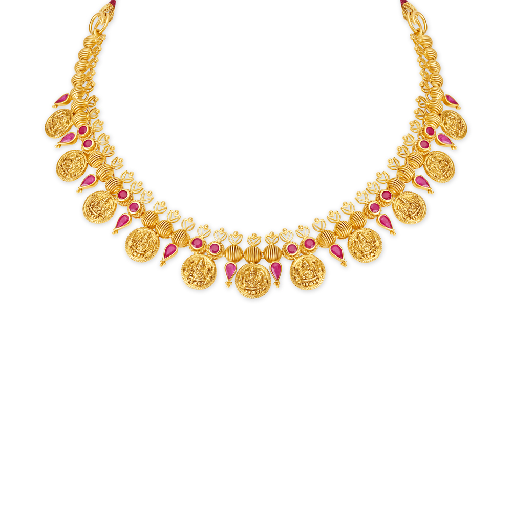 

Enchanting Deity Gold Kasu Necklace Set with Rubies