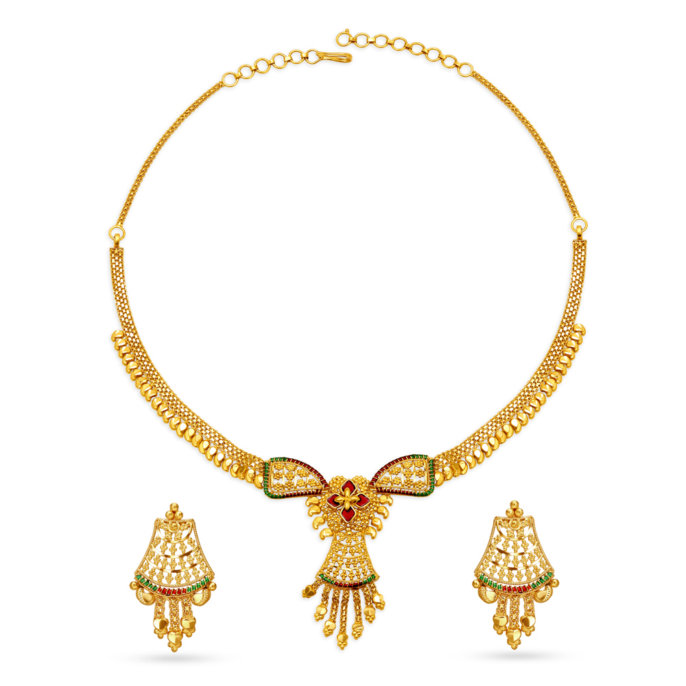 Traditional Yellow Gold Floral Necklace and Earrings Set