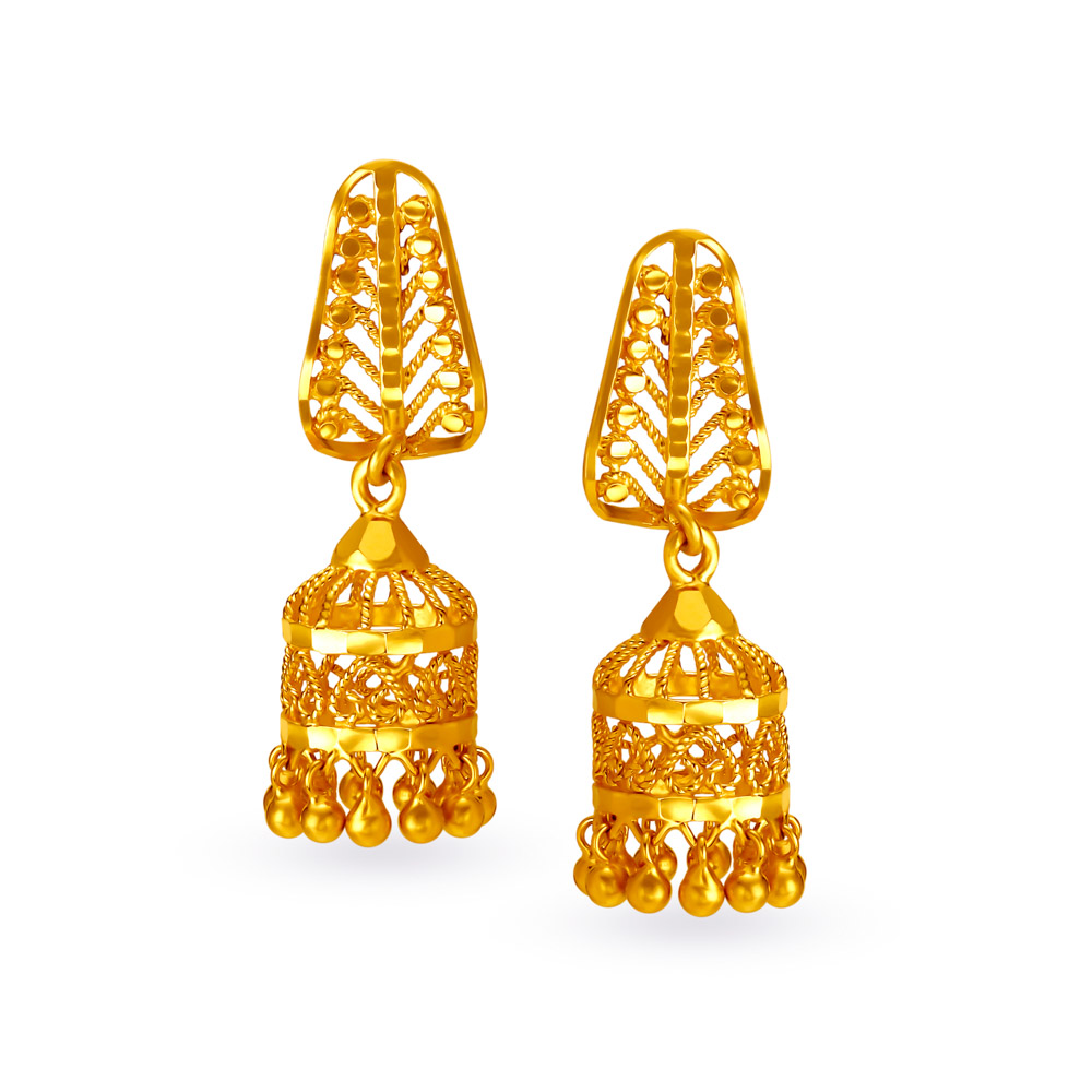 Decorated 22 Karat Yellow Gold Filigree Jhumkas