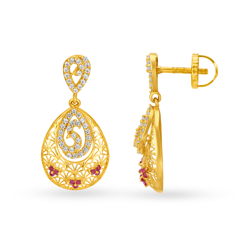

Striking Peacock Gold Drop Earrings