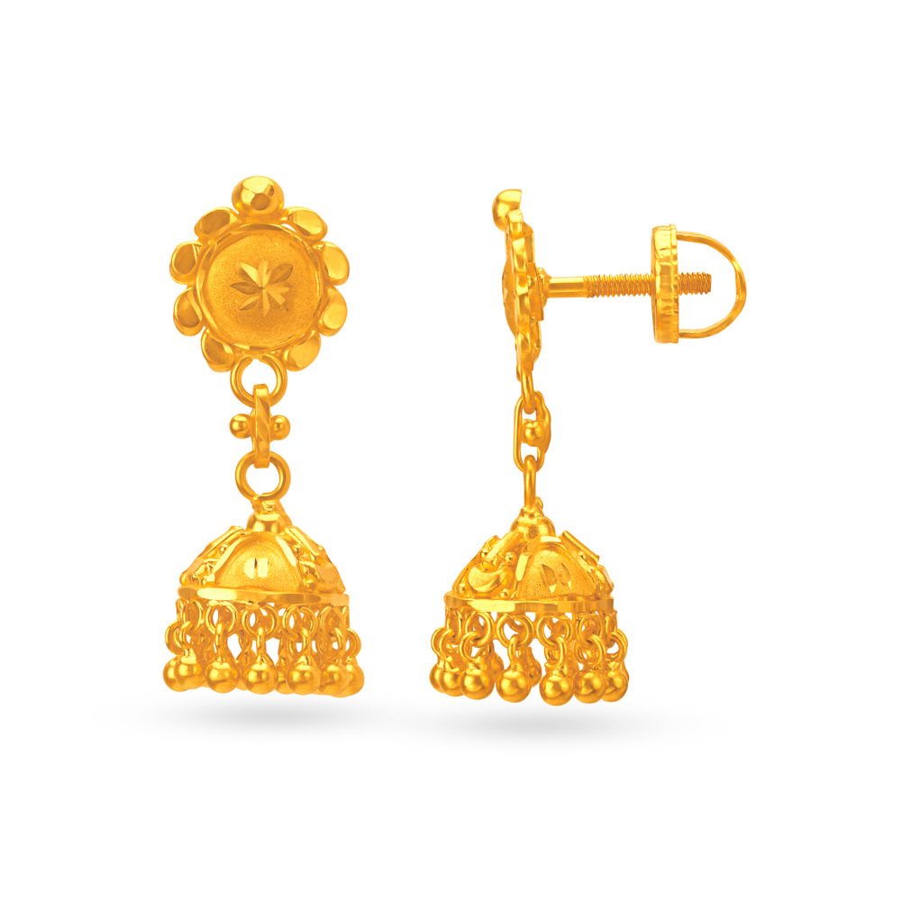 

Exquisite Gold Jhumka Earrings with Floral Tops