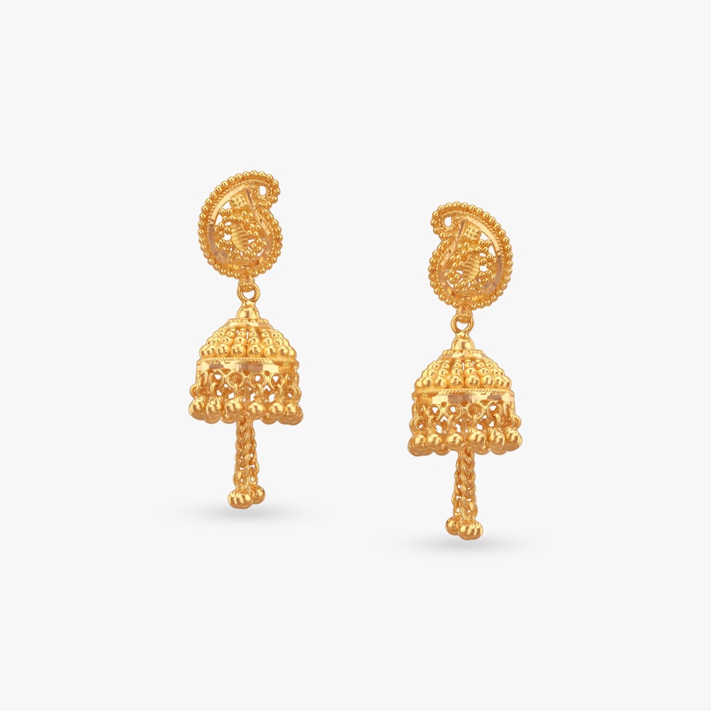 Paisley Crest Gold Jhumka Earrings