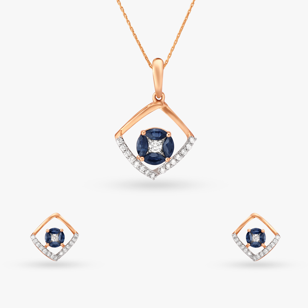 

Striking Geometric Diamond and Sapphire Pendant and Earrings Set