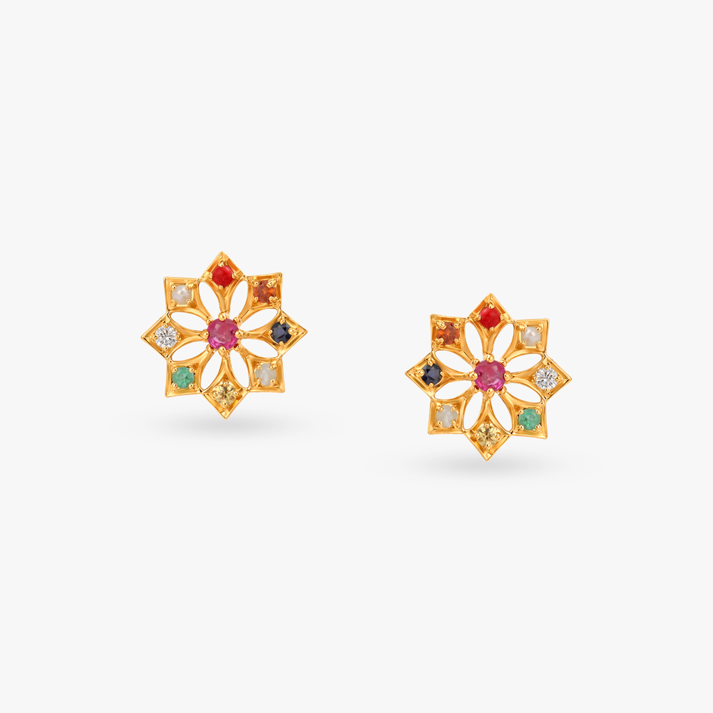 Starburst Navaratna Diamond Stud Earrings