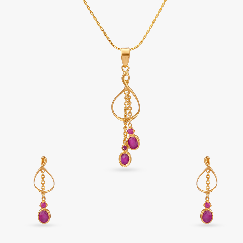 Twisted Drape Ruby Pendant and Earrings Set