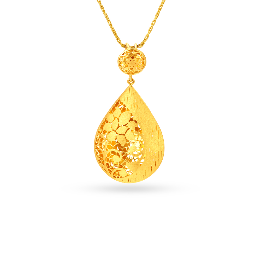 Teardrop Laser Cut Floral Pattern Gold Pendant