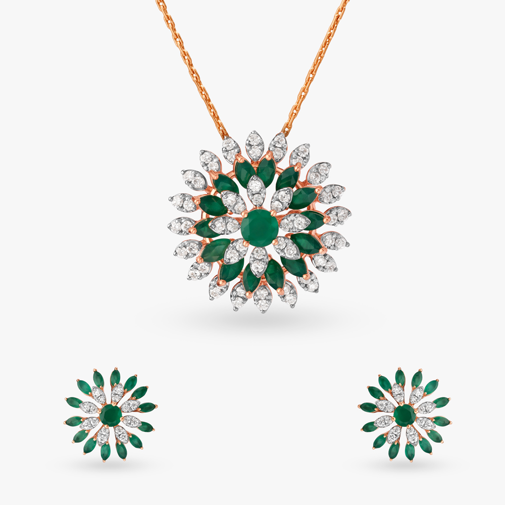 Regal Floral Diamond and Emeralds Pendant and Earrings Set