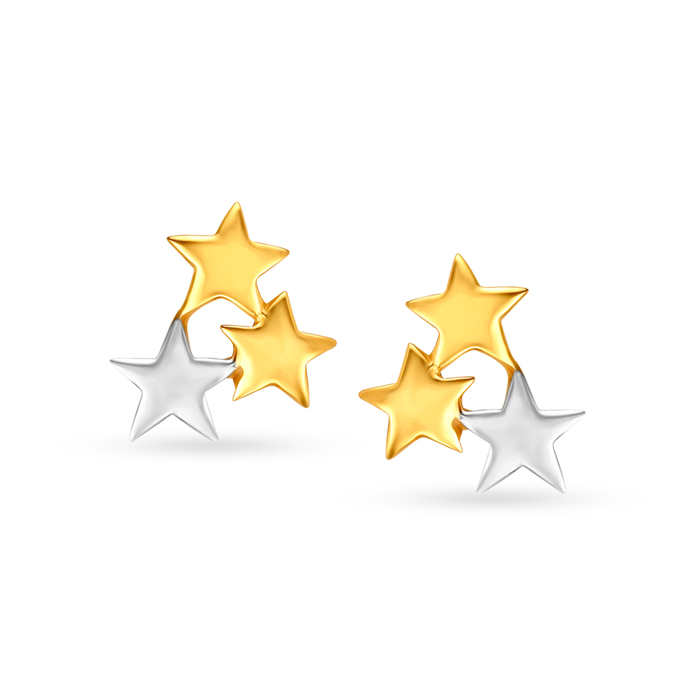 Cute 22 Karat Gold And Rhodium-Polished Star-Patterned Studs