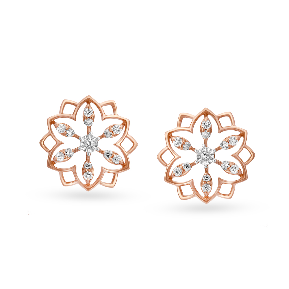 Exquisite 18 Karat White And Rose Gold And Diamond Floral Studs
