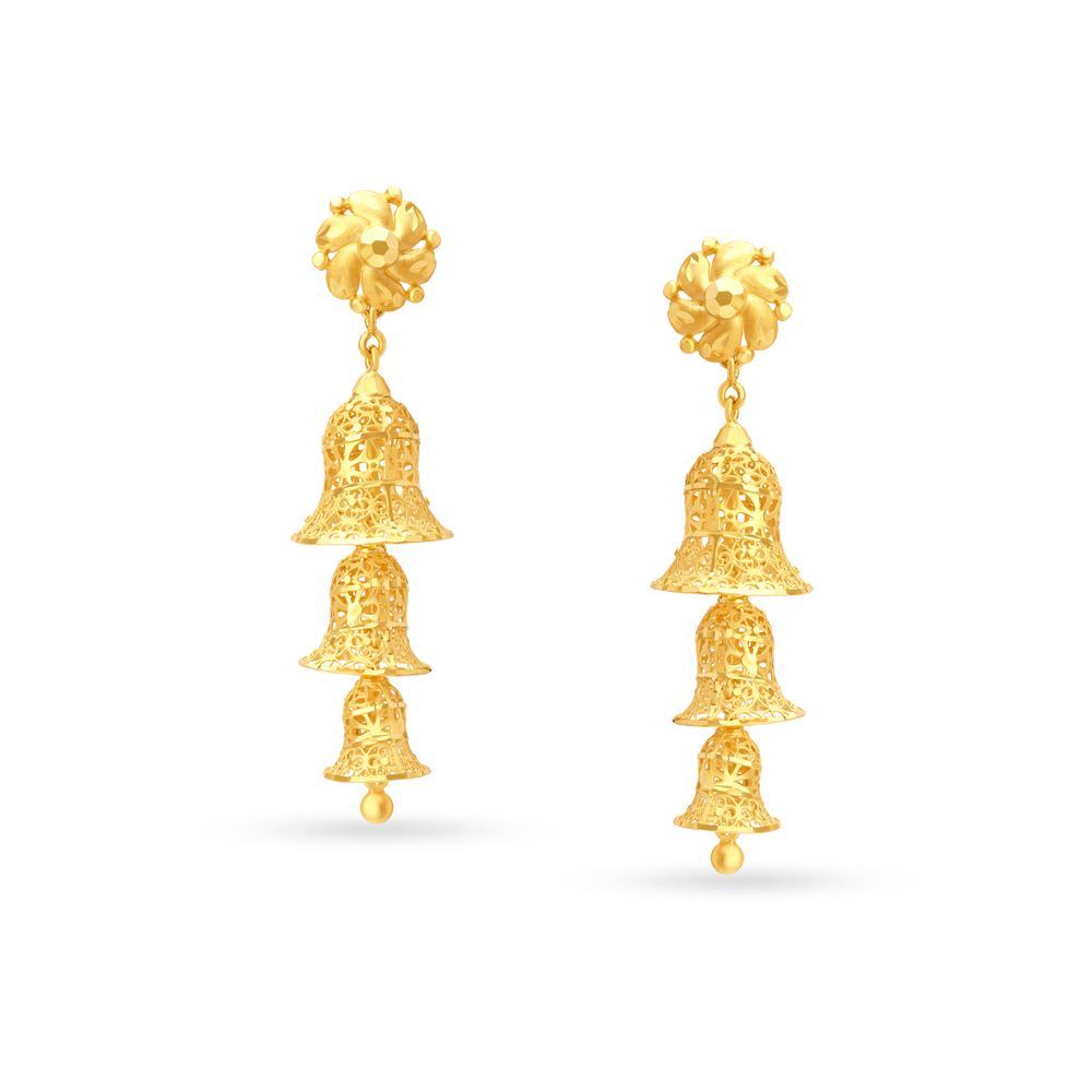 

Sumptuous Yellow Gold Floral Tiered Jhumkas