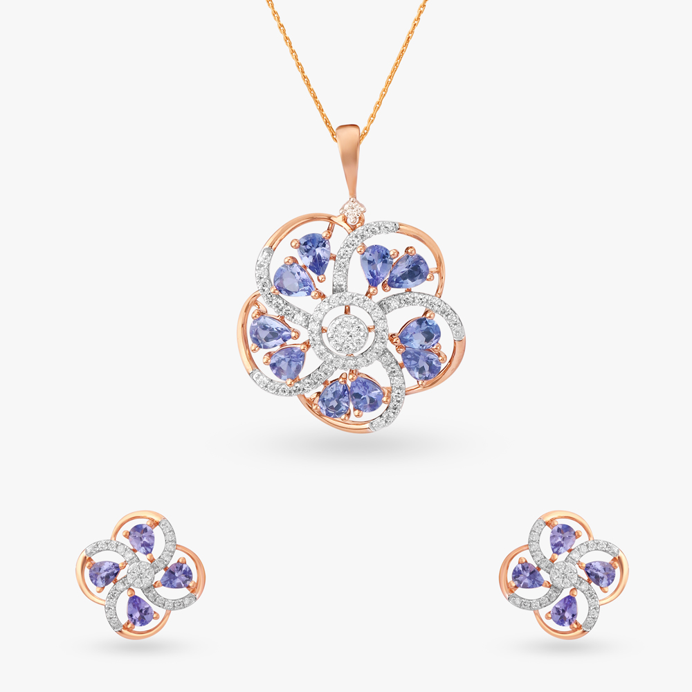 Floral Diamond and Tanzanite Pendant and Earrings Set