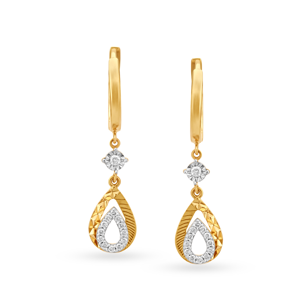 Captivating 18 Karat Yellow And White Gold And Diamond Teardrop Hoops