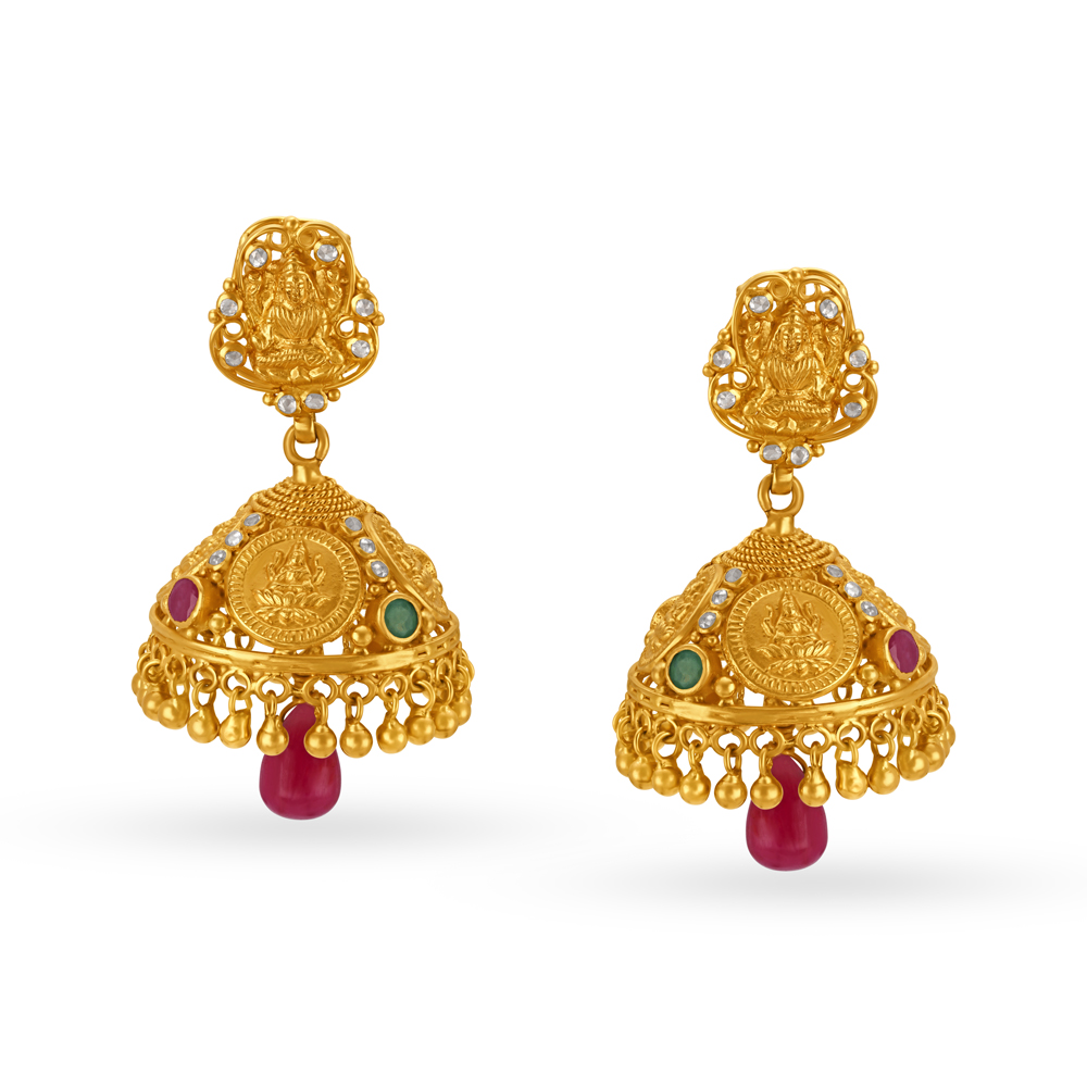 

Lakshmi Motif Emerald And Ruby Gold Drop Earrings