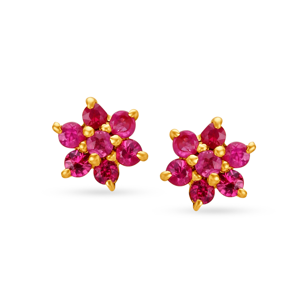 Appealing 18 Karat Yellow Gold Ruby-Embellished Petals Stud Earrings