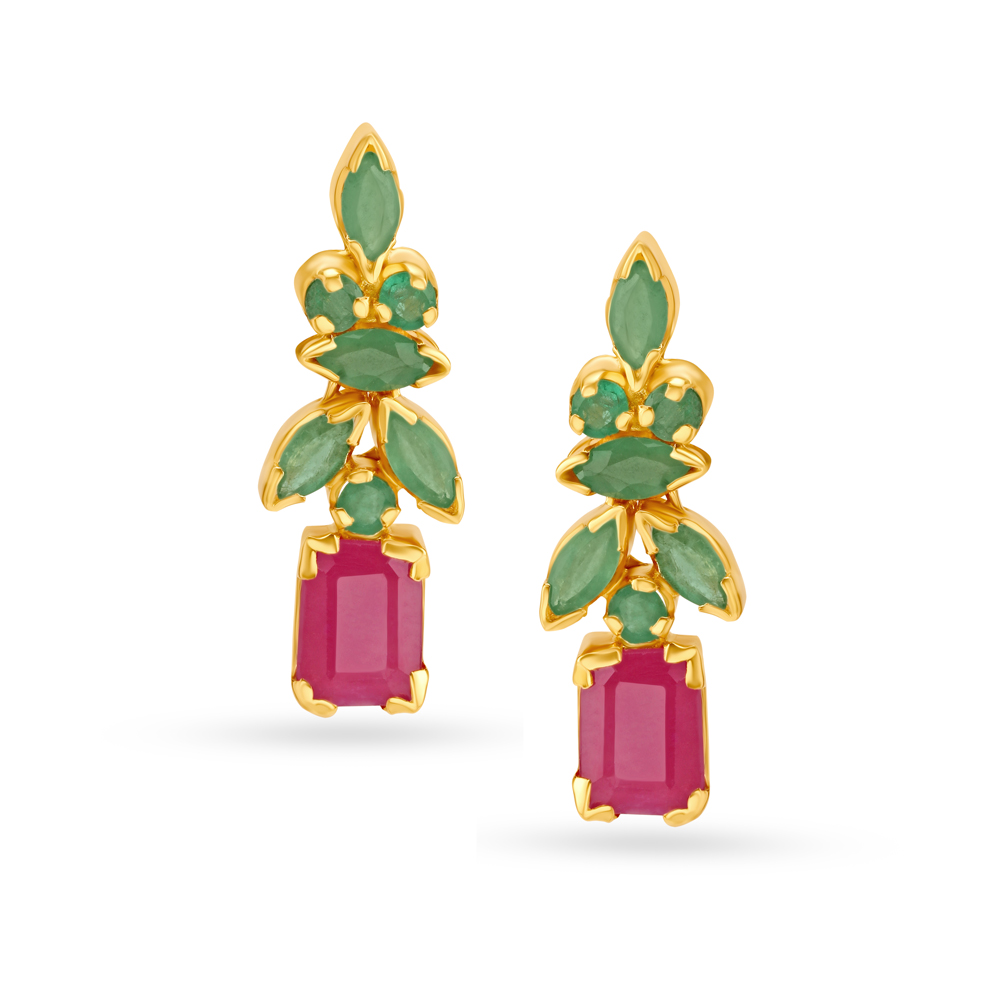 Graceful Emerald And Ruby Studded Gold Drop Earrings With Leaf Motif