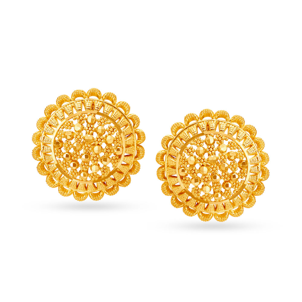 

Charming Gold Stud Earrings with Filigree and Rawa Work