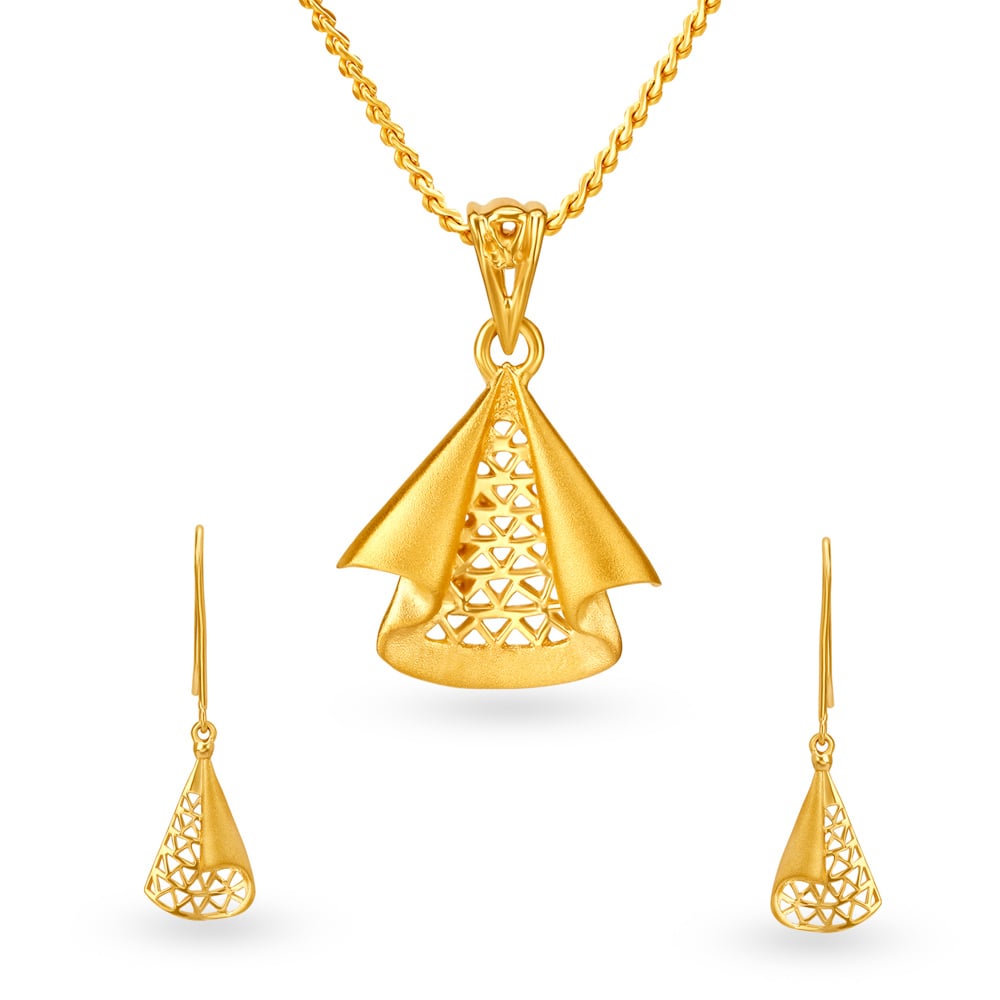 Urbane Yellow Gold Triangular Pendant and Earrings Set