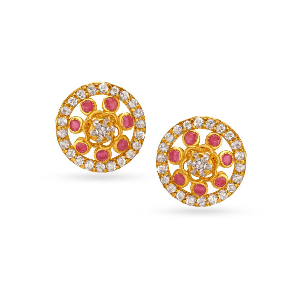 Striking Circular Floral Ruby Gold Stud Earrings
