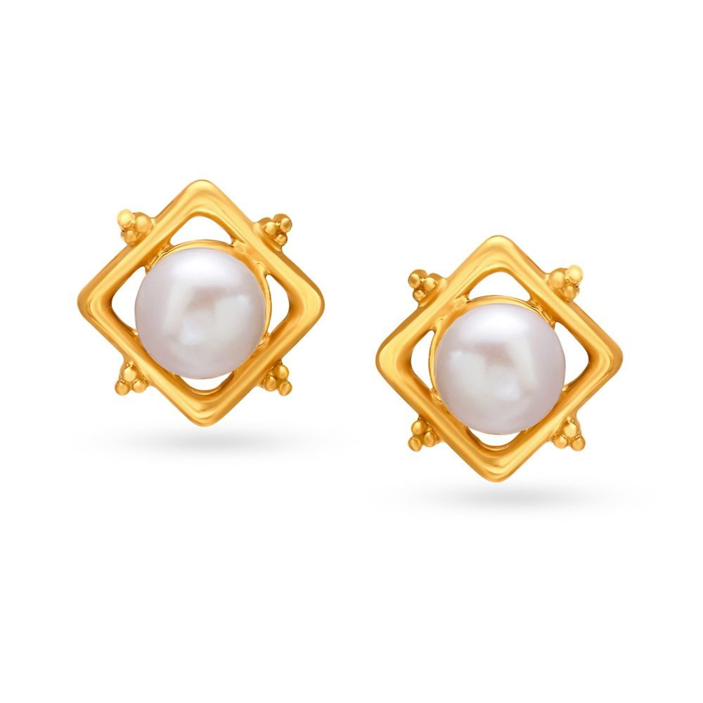 Splendid 18 Karat Yellow Gold And Pearl Square Studs