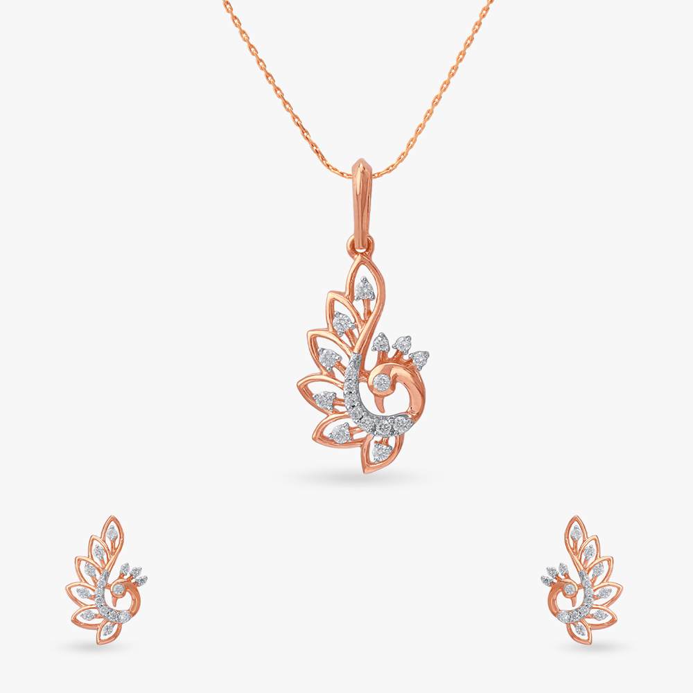 Floral Peacock Diamond Pendant and Earrings Set