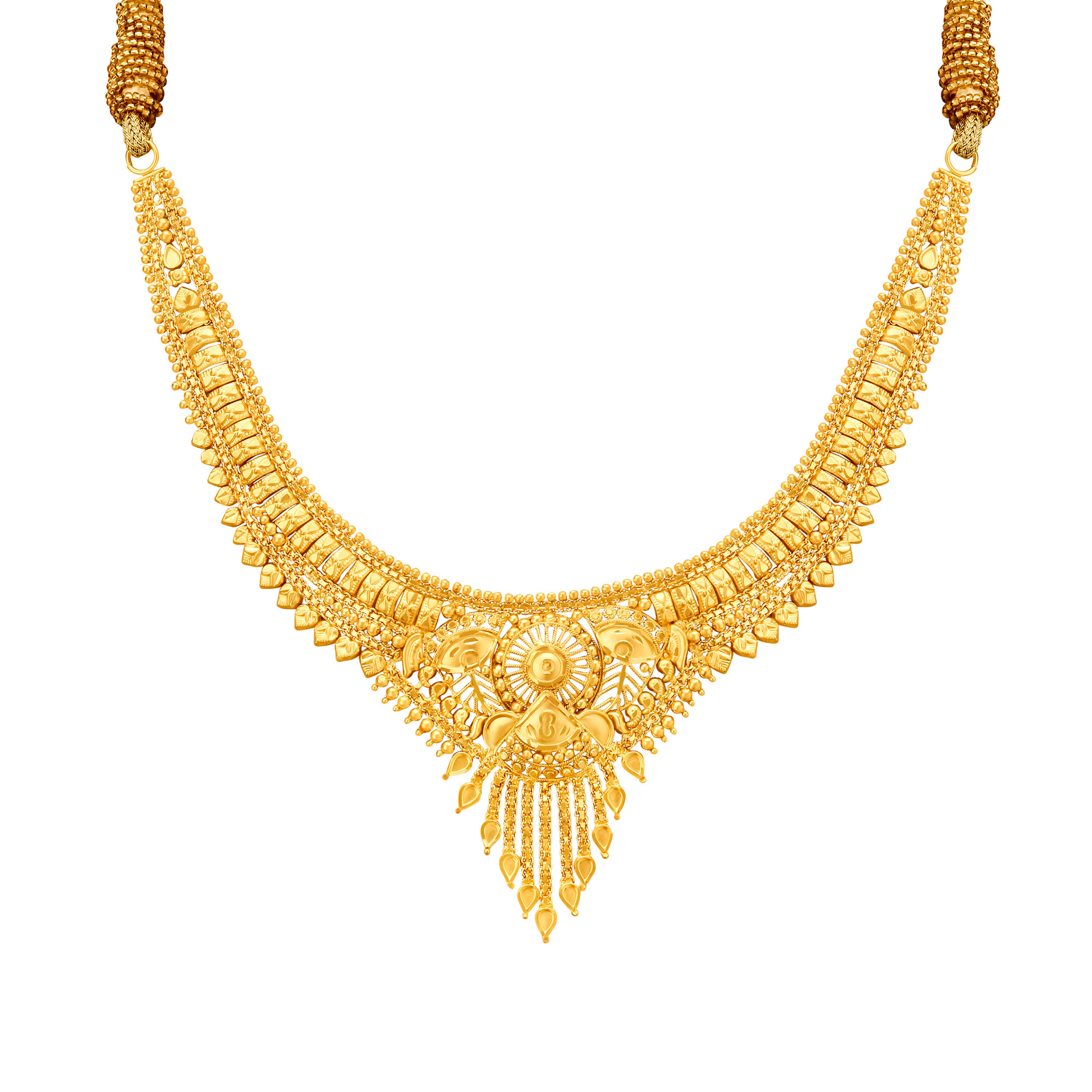 Traditional Yellow Gold Leaf-Lined Necklace and Earrings Set