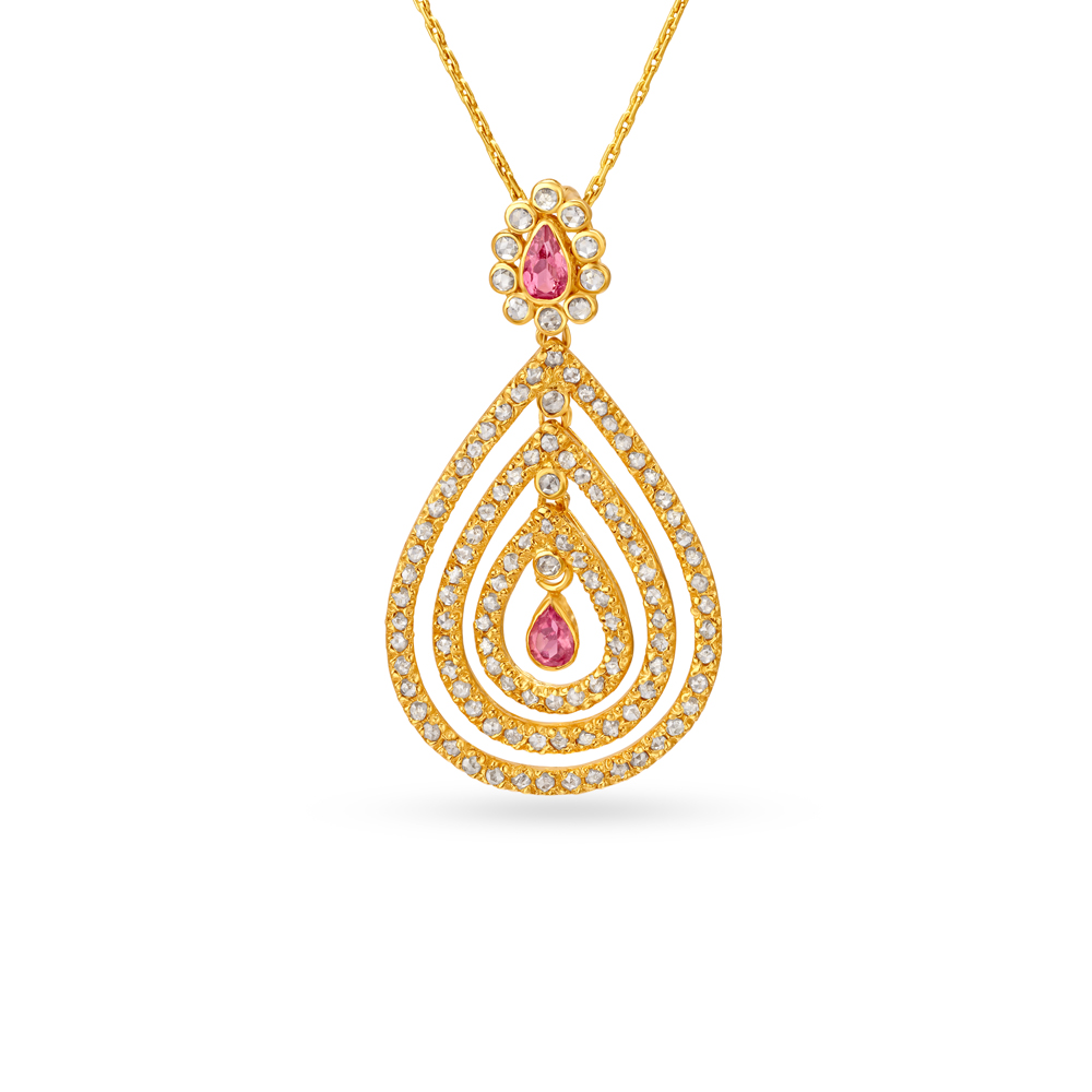 Multi Layer Teardrop Motif Gold Pendant Studded With Tourmaline