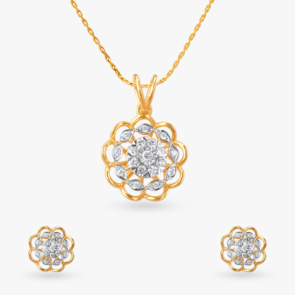 Vintage Bloom Diamond Pendant and Earrings Set