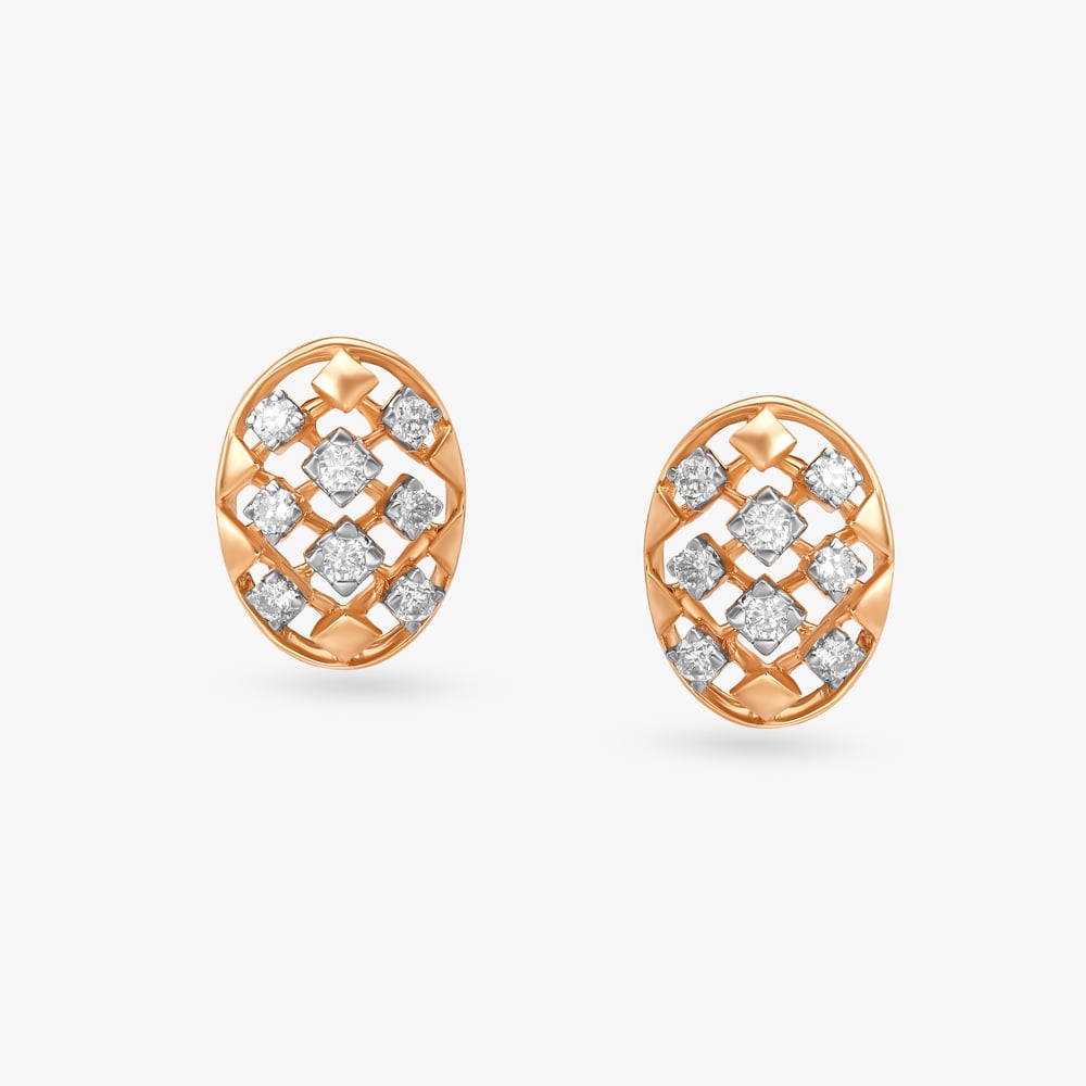 Chequered Elegance Gold and Diamond Stud Earrings