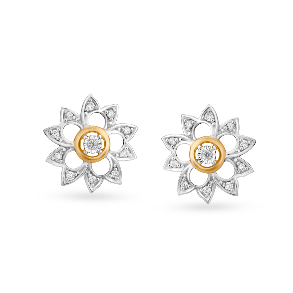 Eclectic Floral Diamond Stud Earrings in White and Yellow Gold