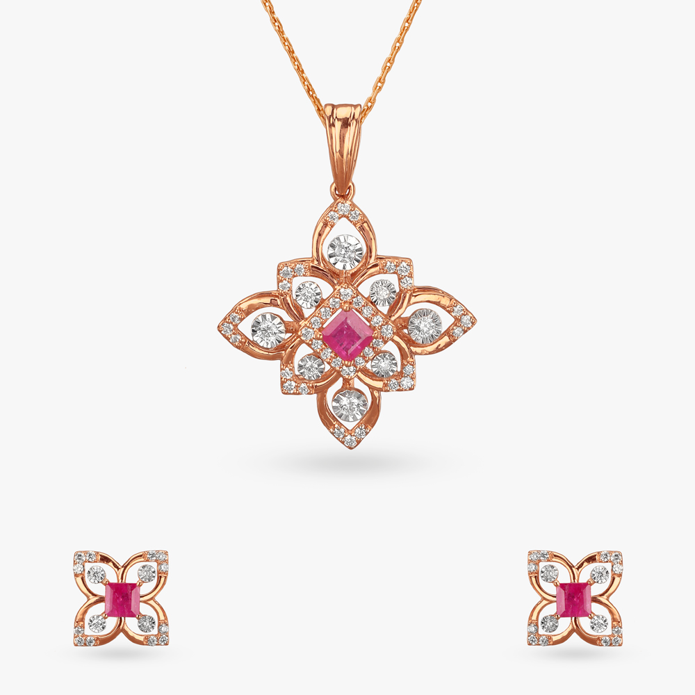 Ruby Blossom Diamond Pendant and Earrings Set