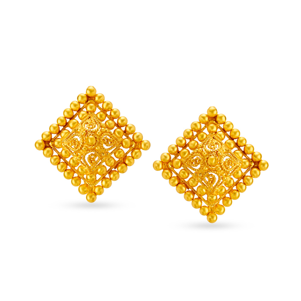 Ornate 22 Karat Yellow Gold Square Studs