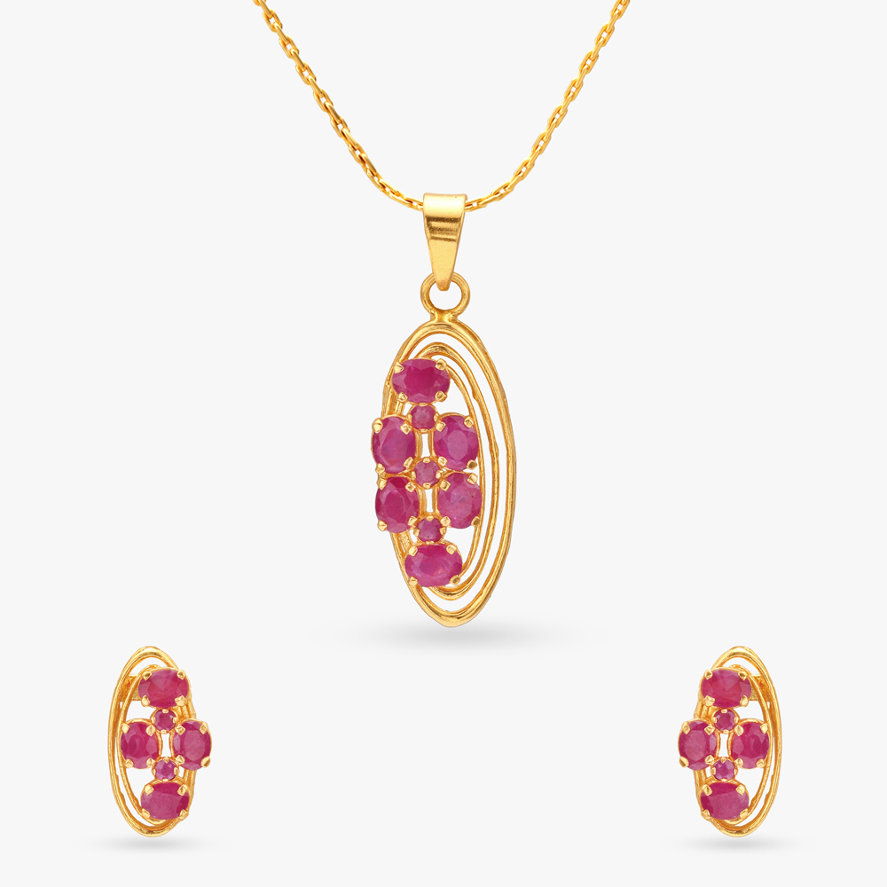 Elegant Orbit Ruby Pendant and Earrings Set