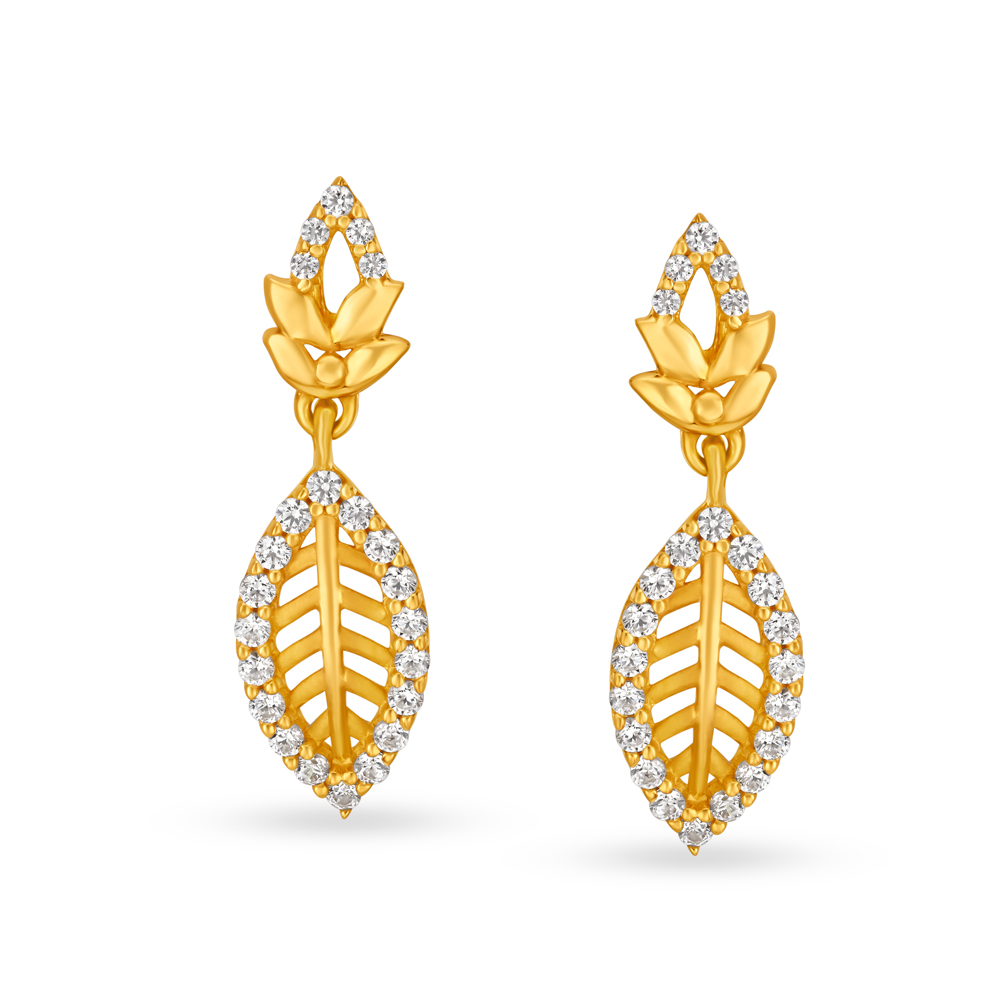 Ravishing 22 Karat Yellow Gold And Cubic Zirconium Leaf Drops
