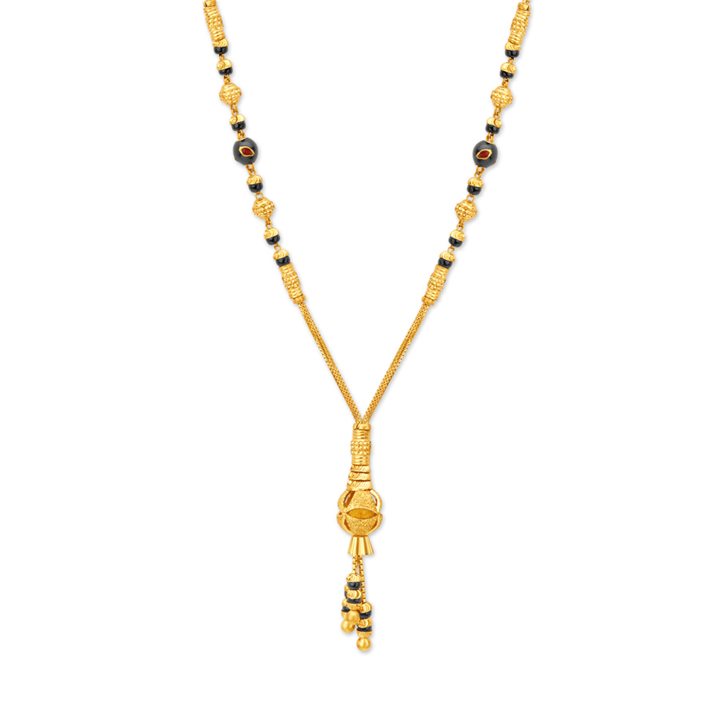 Enthralling Yellow Gold Carved Bead Mangalsutra