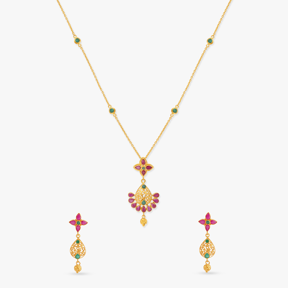 Radiant Teardrop Gold Pendant with Chain and Earrings Set