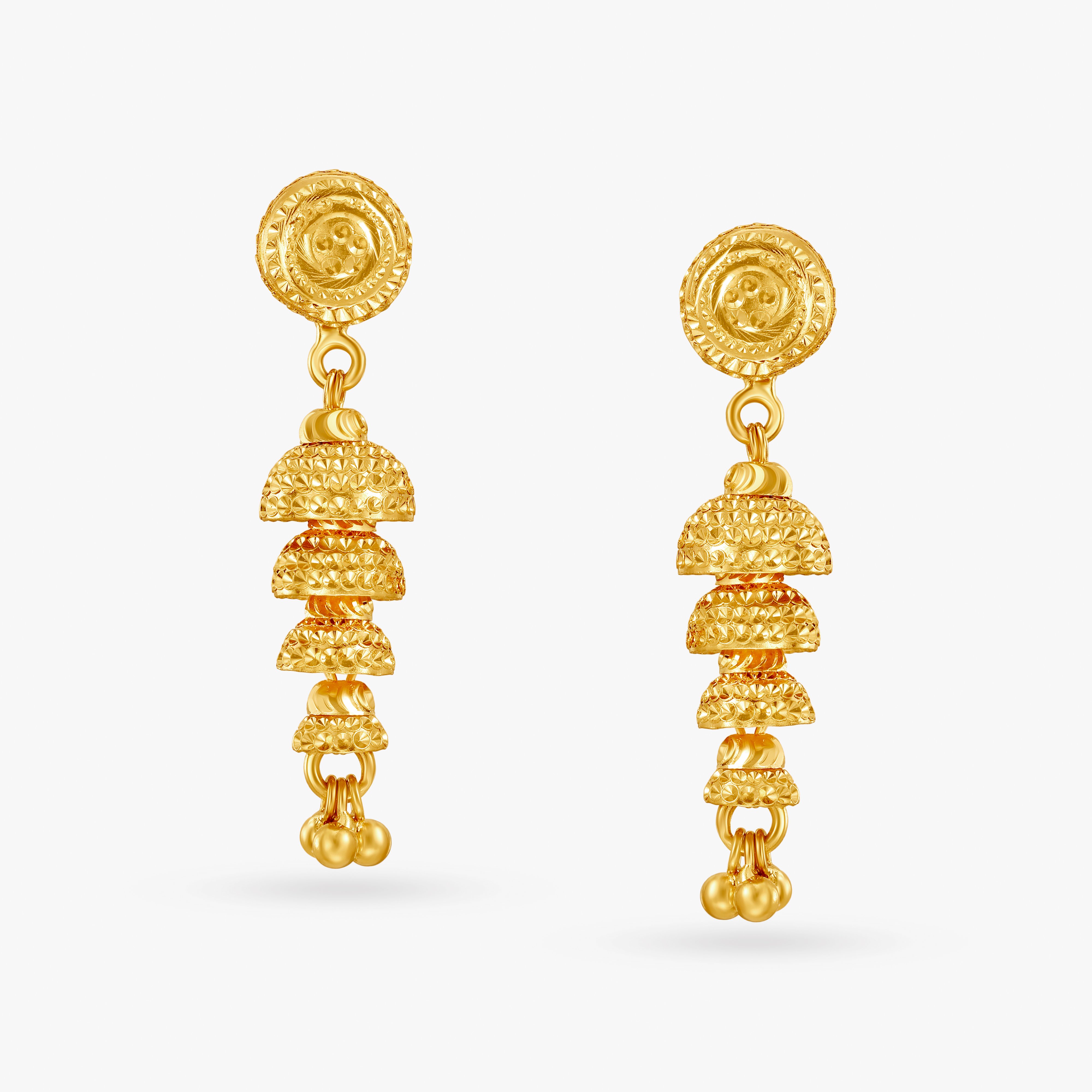 

Beguiling 22 Karat Yellow Gold Overlapping Bell Jhumkas