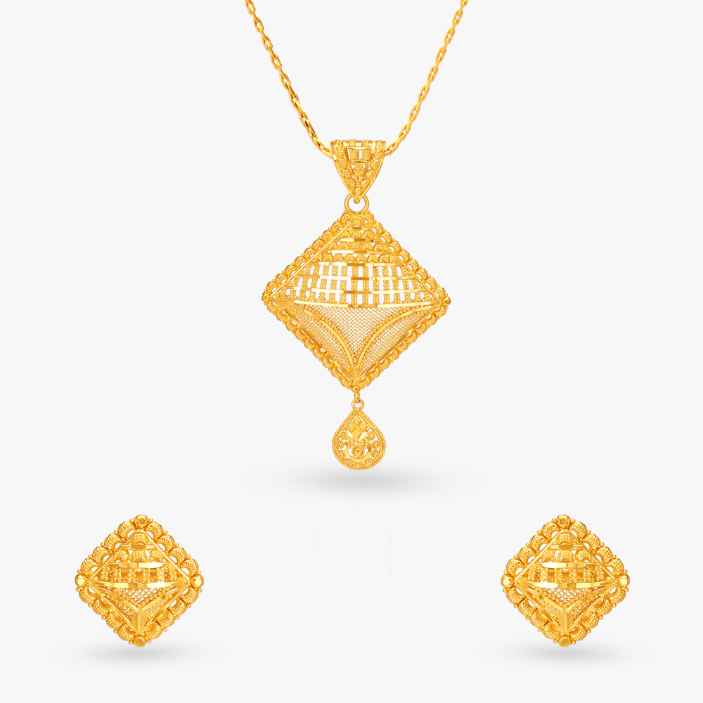 Rhombic Gold Pendant and Earrings Set