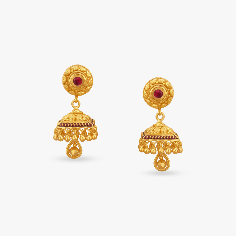 Temple Dome Gold Jhumka Earrings