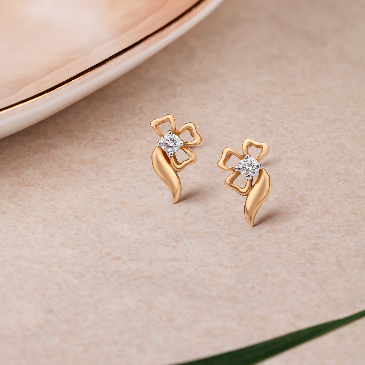 Diamond Vine Floral Gold Stud Earrings
