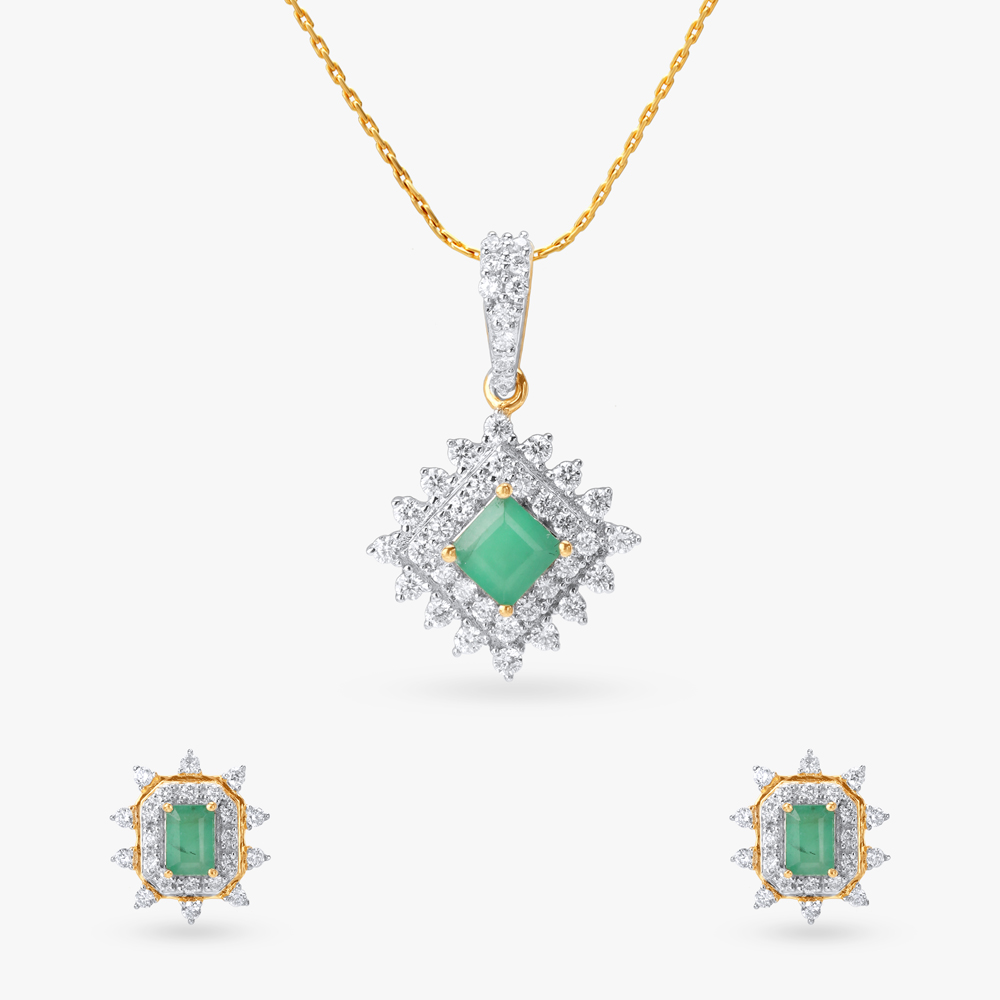 Vivid Prism Emerald Diamond Pendant and Earrings Set