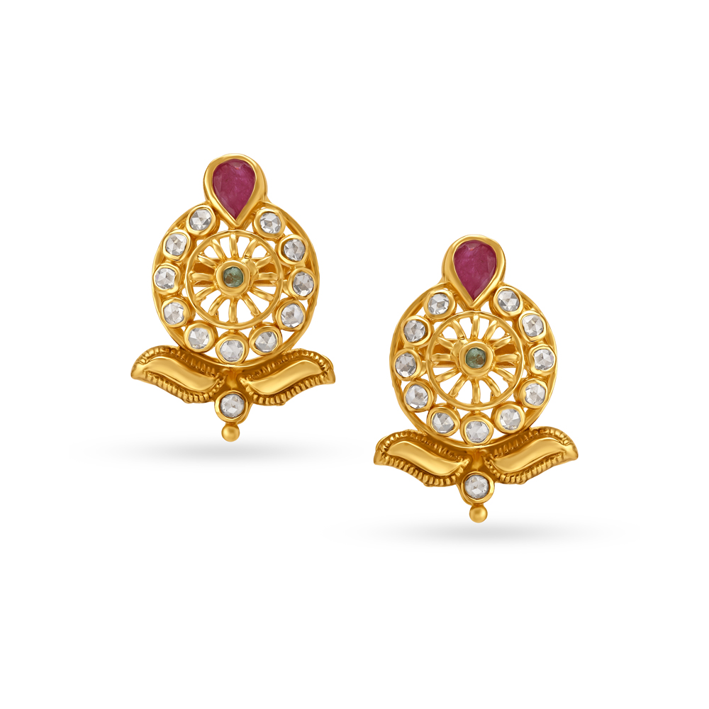 

Quaint Emerald And Ruby Gold Stud Earrings