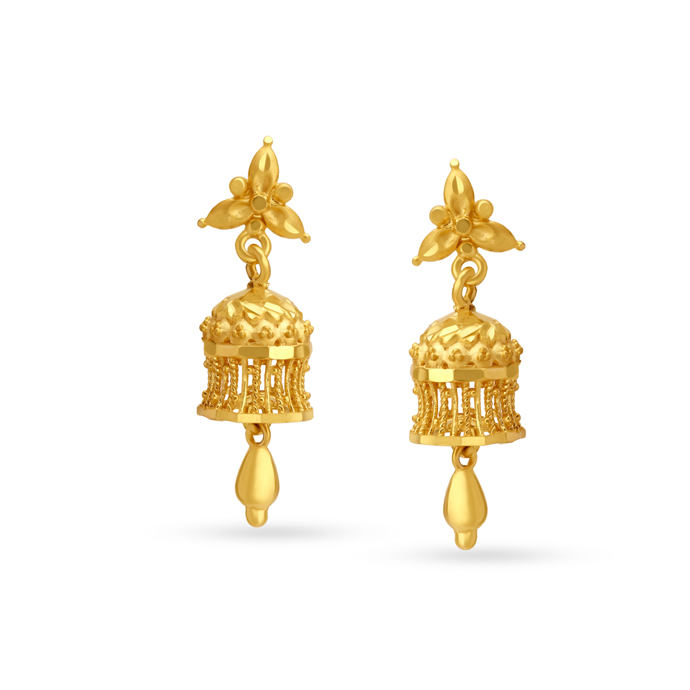 

Arresting Yellow Gold Carved Lantern Jhumkas